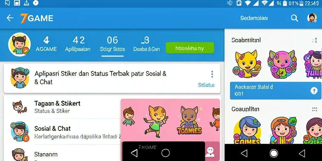 Antarmuka aplikasi 7GAME menampilkan berbagai stiker kreatif dan menarik.
