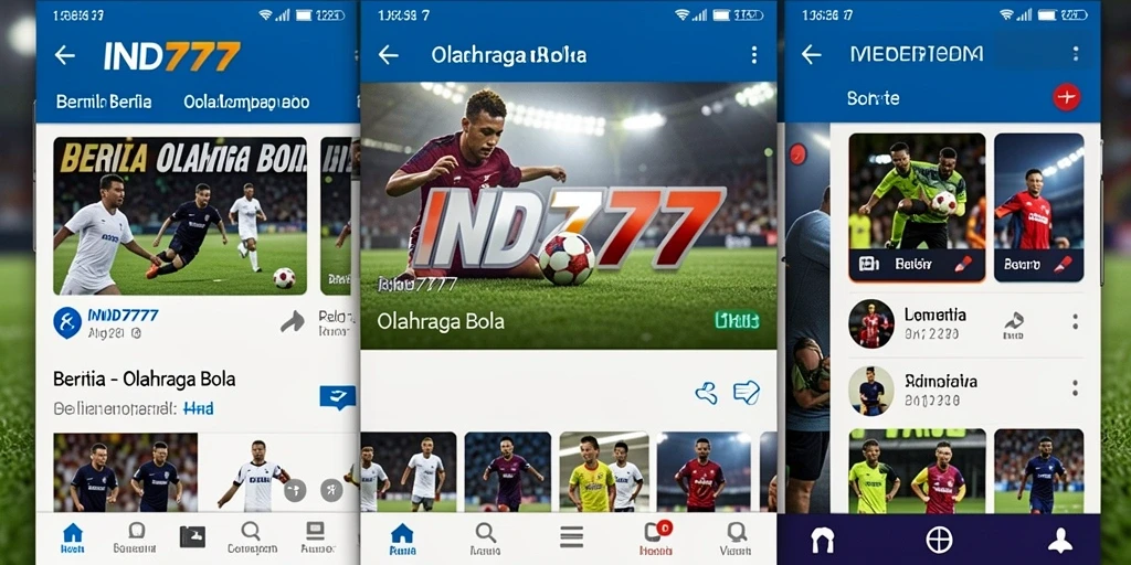 Tampilan antarmuka aplikasi IND777 menampilkan berita dan statistik Olahraga Bola.
